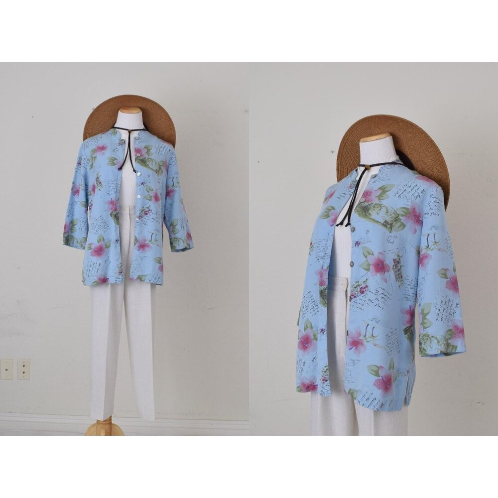 Vintage 90s Blue Floral Print Blouse by AKS Amy K Su | size S‎